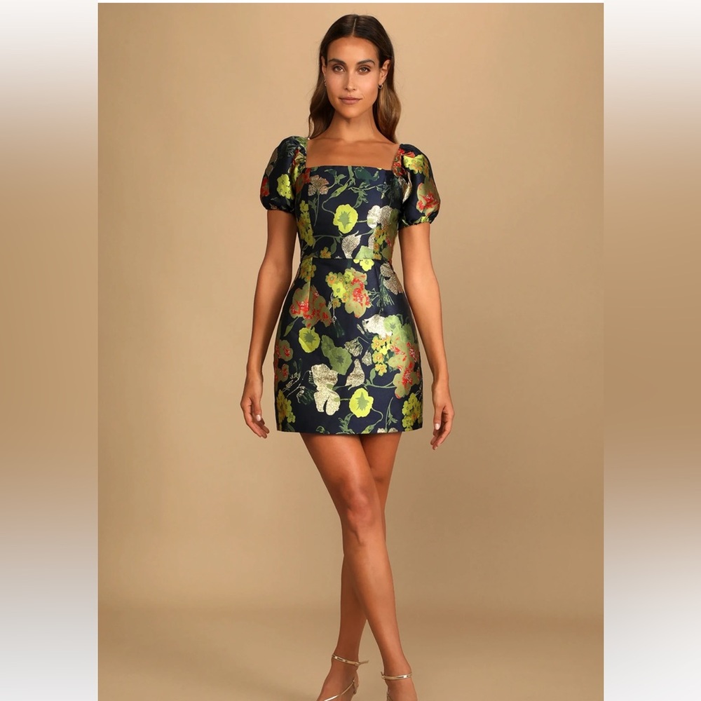 Lulus Navy Blue Floral Jacquard Puff Sleeve Mini Dress
